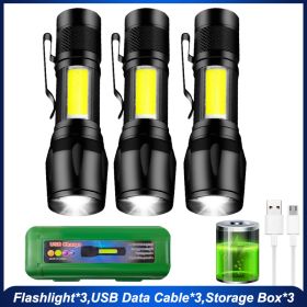 Mini Led Flashlight With Storage Box Portable Rechargeable Zoom Flashlight Waterproof Torch Lamp Lantern Camping Lights Outdoor (Emitting Color: 3pcs)